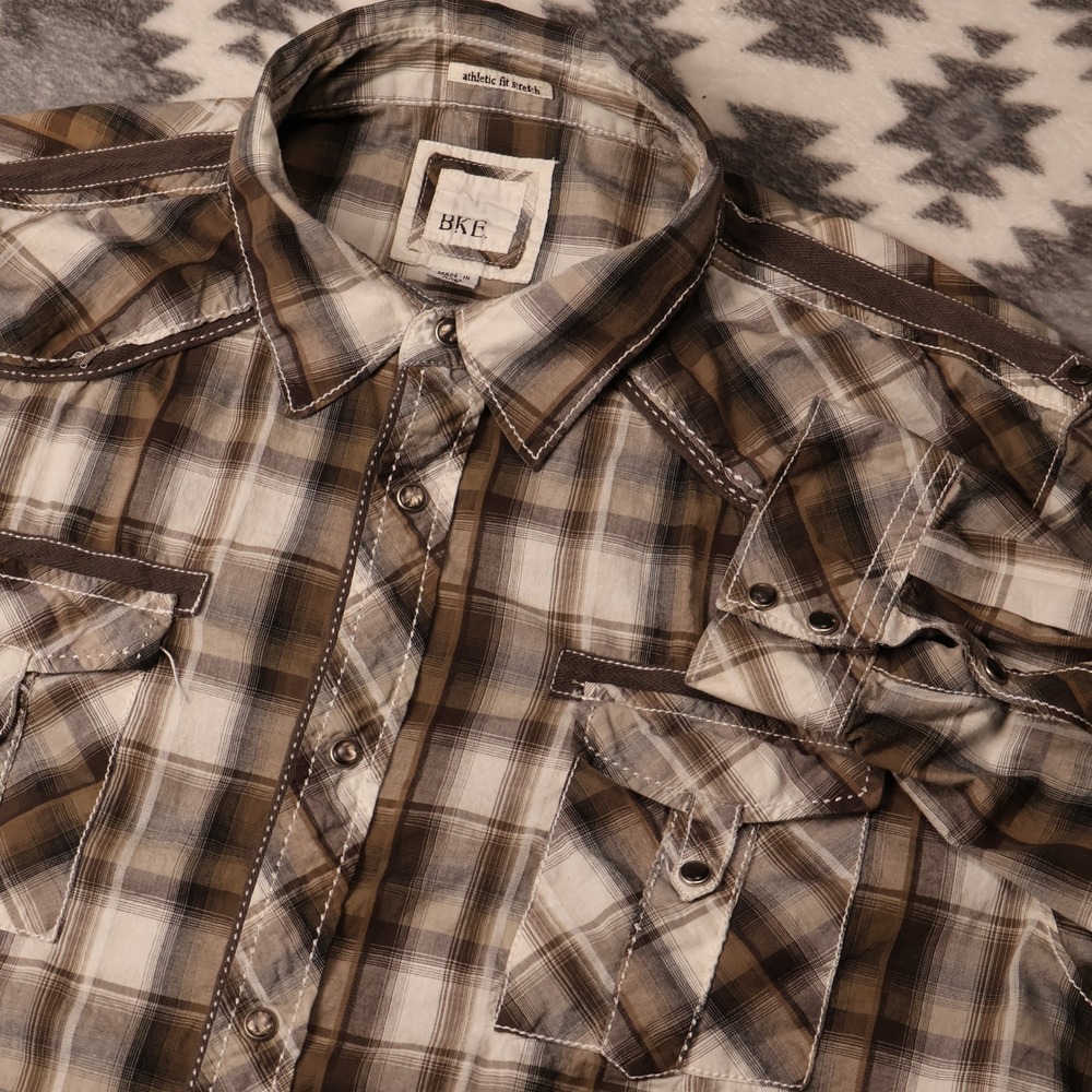 BKE Athletic Fit Stretch Plaid Western Shirt Brown XXL Long Sleeve Snap Front